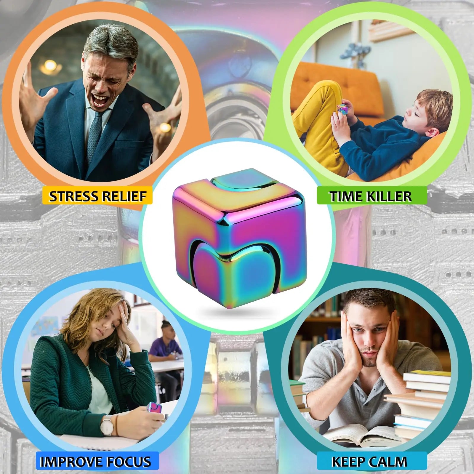 Cube Gyroscopique Métal Anti-Stress – Toupie de Bureau Fidget Spinner pour Adulte et Enfant